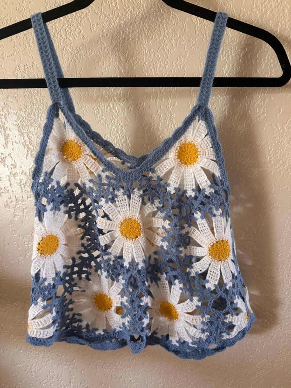 Blue and White Daisy Crochet Crop Top - Women's Summer Tank